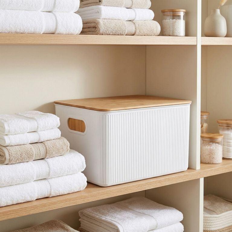 Caja Plástica con Tapa Bambú 29.5x23x38.5 cm 23 l Blanco