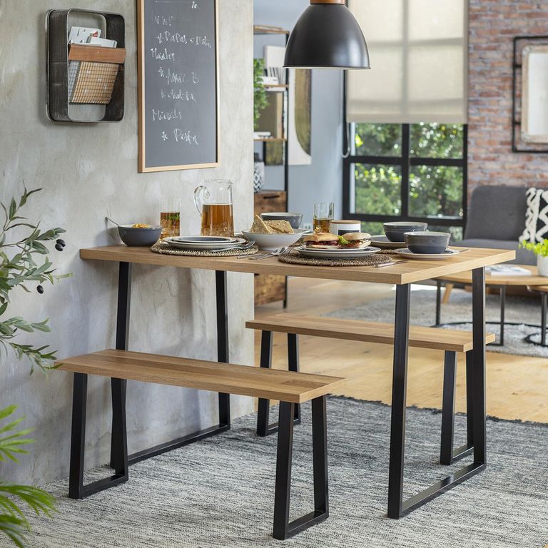 Set Comedor 2 Banquetas Mesa Rectangular 90x75x120 cm Madera