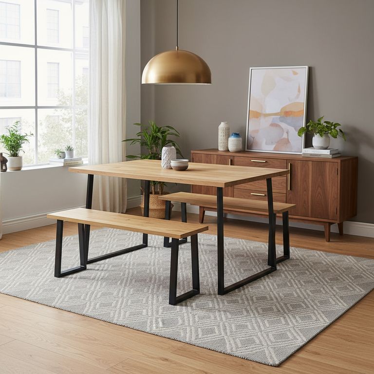 Set Comedor 2 Banquetas Mesa Rectangular 90x75x120 cm Madera