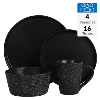 JUST HOME COLLECTION - Juego de Loza 16 Piezas Cerámica Mármol Negro