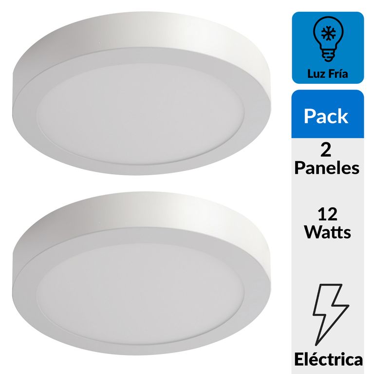 Pack 2 Panel Led Sobrepuesto Circular Blanco 12W Luz Fría