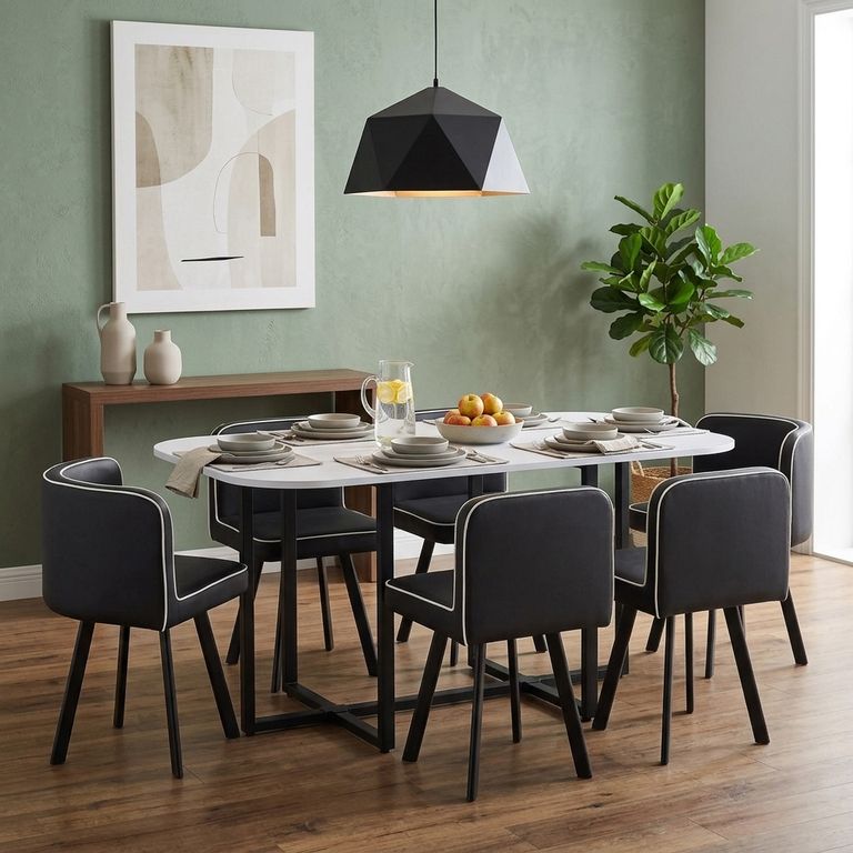 Juego de Comedor Pizza 6 Sillas Mesa Rectangular 90x75x150 cm Blanco