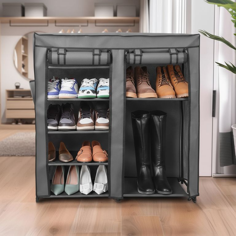 Zapatera Portátil 2 Puertas 7 Repisas 90x93x30 cm Gris oscuro