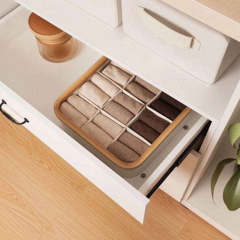 Caja Organizadora 9 Divisiones Tela Bambú 30x9x30 cm Beige