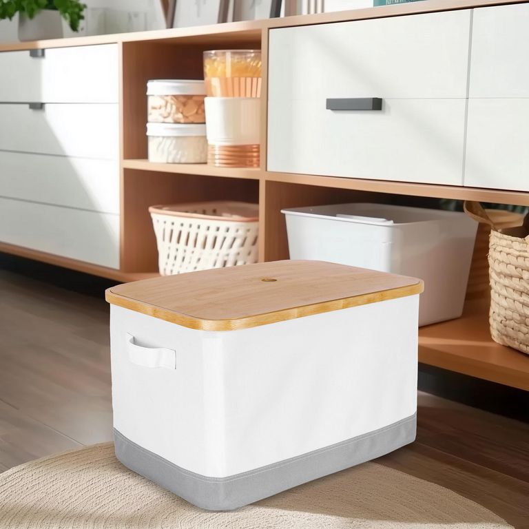 Organizador de Tela con Tapa 50x30x34 cm Blanco/Gris