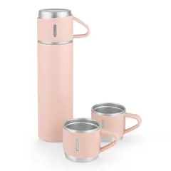 JUST HOME COLLECTION - Set Termo Botella/2 Tazas 500 ml Acero Inoxidable Rosado