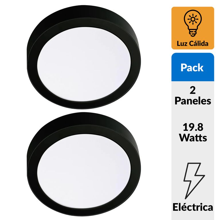Pack 2 Panel Led Sobrepuesto Circular Negro 18W Luz Cálida