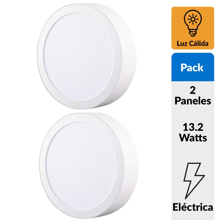 Pack 2 Panel Led Sobrepuesto Circular Blanco 12W Luz Cálida