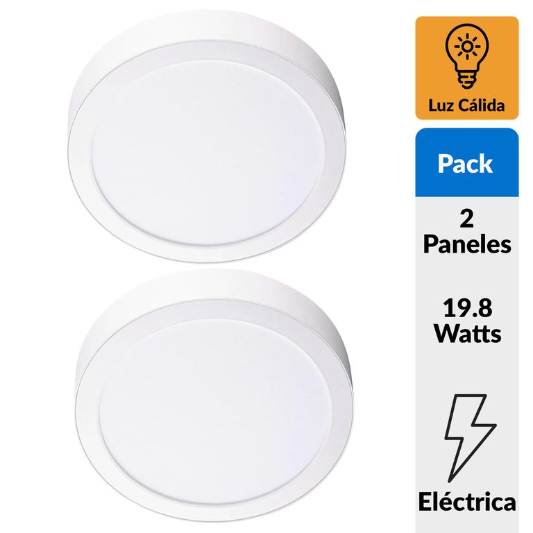 Pack 2 Panel Led Sobrepuesto Circular Blanco 18W Luz Cálida