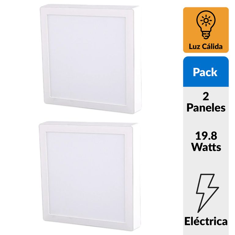 Pack 2 Panel Led Sobrepuesto Cuadrado Blanco 18W Luz Cálida