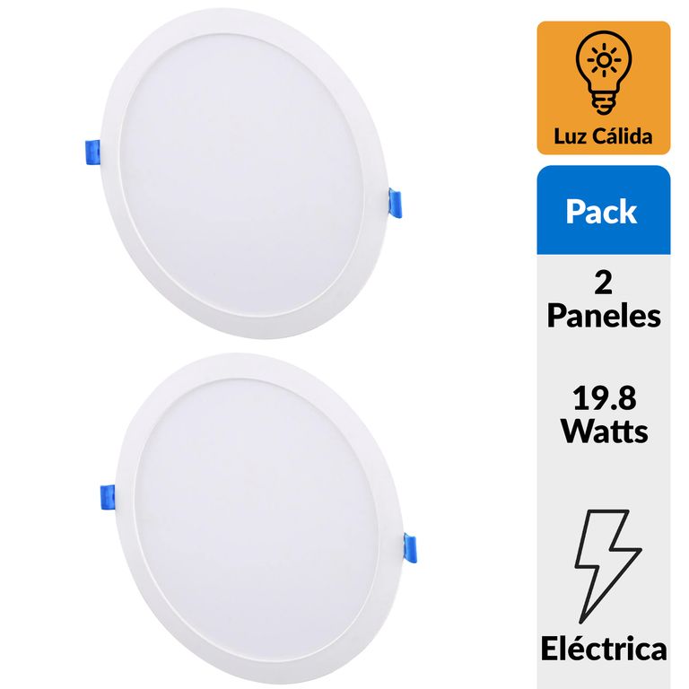 Pack 2 Panel Led Empotrado Circular Blanco 18W Luz Cálida