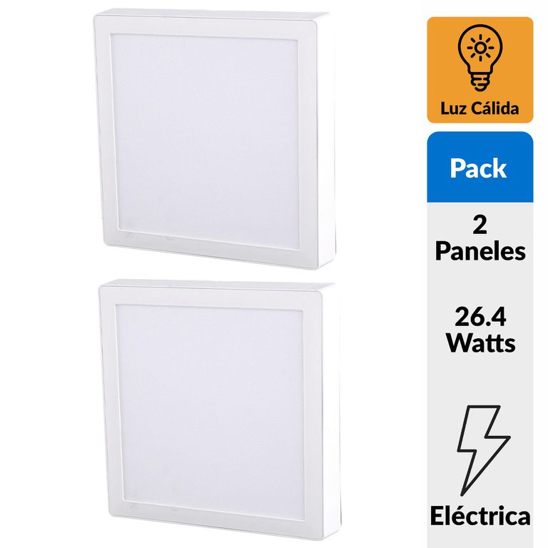 Pack 2 Panel Led Sobrepuesto Cuadrado Blanco 24W Luz Cálida
