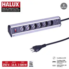 HALUX - Alargador 6 Toma(s) 2 m Negro; Plateado