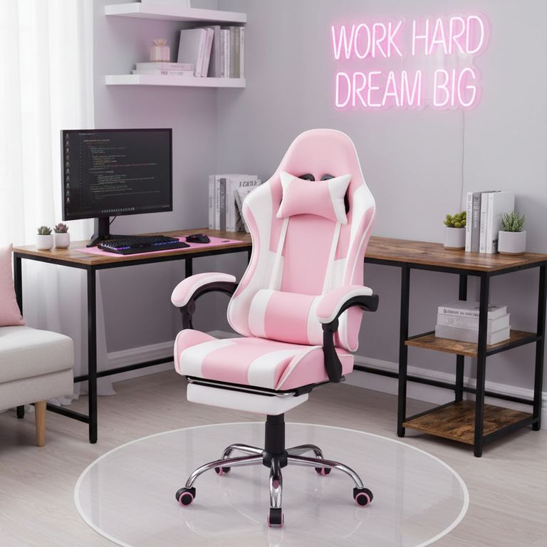 Silla Gamer Escritorio Masaje Reposapiés Matrix Rosado