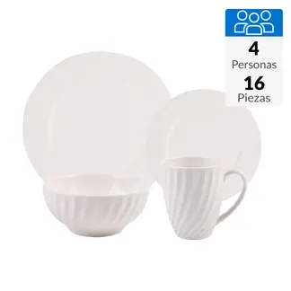 JUST HOME COLLECTION - Juego de Vajilla 16 Piezas Cerámica Turín Blanco