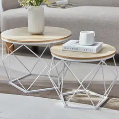 JUST HOME COLLECTION - Set 2 mesas Auxiliar Blanco/Roble 50x50x40 cm