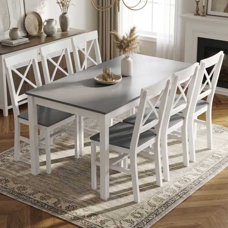 JUST HOME COLLECTION Juego de Comedor 6 Sillas Mesa Rectangular 150x80x73cm Gris/Blanco