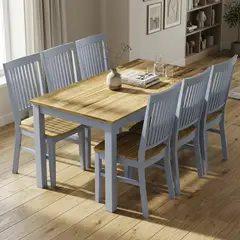 JUST HOME COLLECTION - Set de comedor 1 + 6 madera gris/natural 6 Sillas Mesa Rectangular 150x80x74.5cm Madera