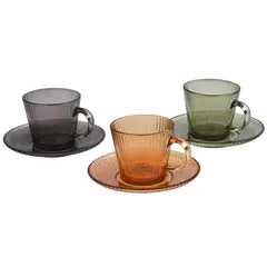 JUST HOME COLLECTION - Juego de 3 tazas + 3 platos 210 ml Vidrio Retro Multicolor