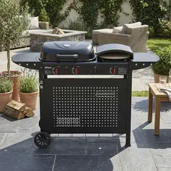 MR BEEF - Parrilla a Gas 3 en 1 de 2 Quemadores + Plancha y Horno de Pizza
