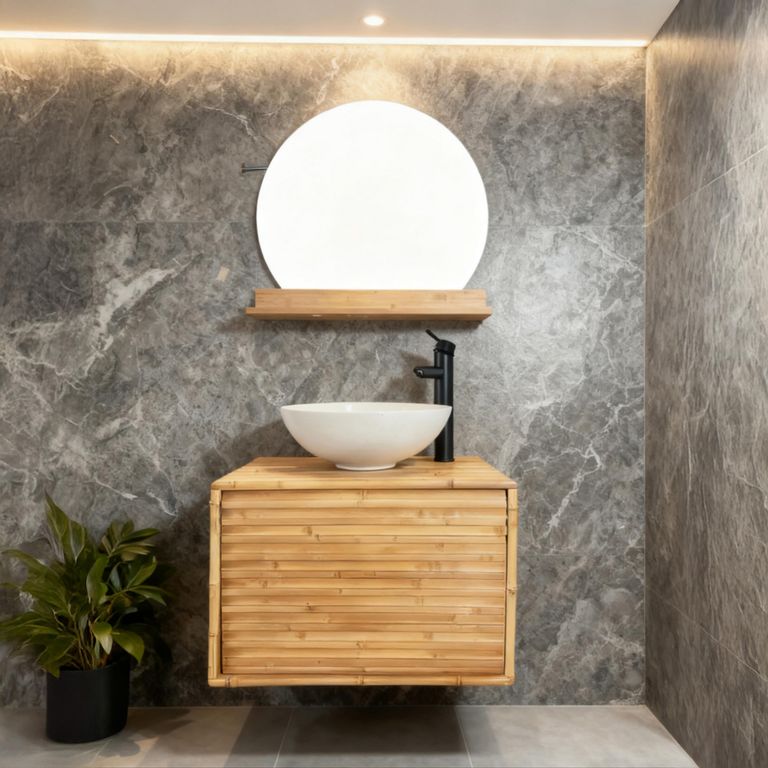 Combo Mueble de baño + Lavamanos + Grifería + Espejo con repisa Aura Roble Claro 60x40x45 cm