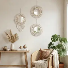 JUST HOME COLLECTION - Set 3 Espejos Decorativo Boho 40x40 cm Tejido Blanco