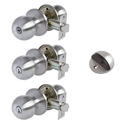 Fixser - Combo 2 Perillas Alcoba + 1 Perilla Baño + Tope Acabado Níquel Satín