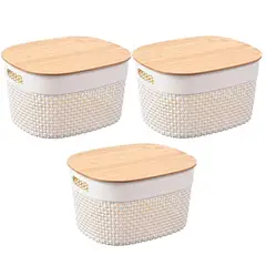 Just Home Collection - Set 3 cajas plasticas tapa bambu blanco