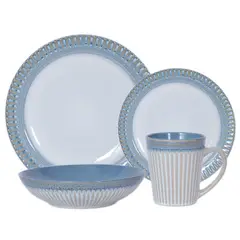 Just Home Collection - Juego de vajilla 16 piezas borde ring azul