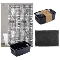 Just Home Collection - Set Cortina de Baño + Tapete de Baño + Cesta Negro